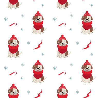 Sevimli, sıcak giyimli köpeği olan kusursuz bir desen. Xmas geçmişi. Çizgi film kış hayvanları deseni. 