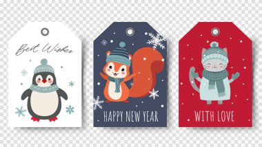 Şirin hayvanlar Noel etiketleri. İçinde penguen, kedi ve sincap olan hediye etiketleri. Mutlu Xmas etiketleri. 