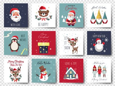 İçinde tatlı kış karakterleri olan Noel kartları. Mutlu noel kutlamaları. Çocuksu bayram tebrik kartları.