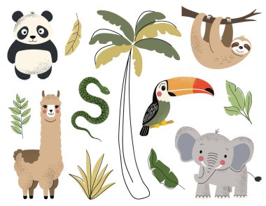 Vahşi hayvanlar ve tropik yapraklar. Panda, fil, tembel hayvan, tukan, lama. El yapımı orman ve safari seti.
