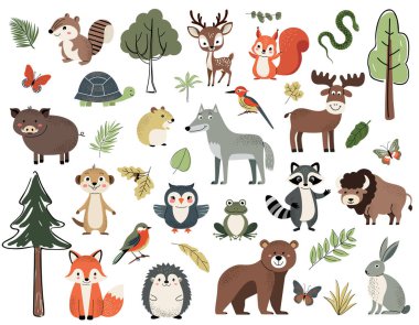 Bir grup sevimli orman elementi, hayvanlar ve ağaçlar. Orman hayvanları. Geyik, tilki, baykuş, domuz, kirpi, tavşan.