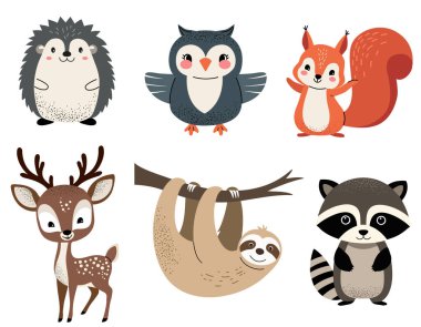Bir grup sevimli orman hayvanı. Orman hayvanları. Geyik, sincap, baykuş, miskin, kirpi, rakun.