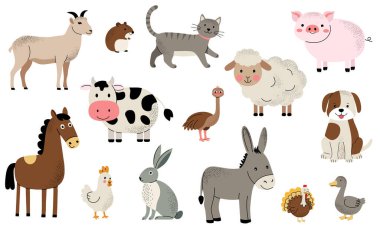 Evcil hayvanlar, evcil hayvanlar. Şirin çiftlik hayvanları seti. Köpek, domuz, at, kedi, devekuşu, inek, gemi. 