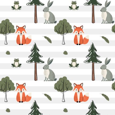 Orman desenleri. Tilki, tavşan ve kurbağa desenli şirin bir desen. Orman yaban hayatı geçmişi. 
