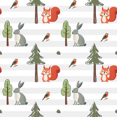 Sevimli hayvan deseni. Orman desenleri. Sincap ve tavşanla kusursuz desen. Orman yaban hayatı geçmişi. 
