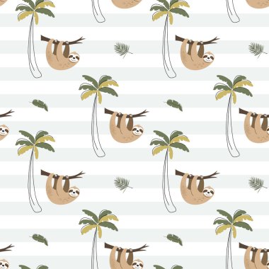 Şirin bir tembel hayvan ve palmiye ağacıyla kusursuz bir desen. Çocuksu orman geçmişi. Bebek miskin duvar kağıdı.