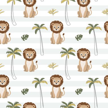 Tatlı aslan ve palmiye ağaçlarıyla kusursuz desen. Çocuksu orman geçmişi. Tropik duvar kağıdı.