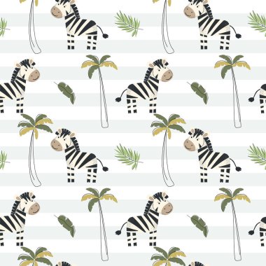 Şirin zebra ve palmiye ağaçlarıyla kusursuz desen. Çocuksu orman geçmişi. Tropik duvar kağıdı.