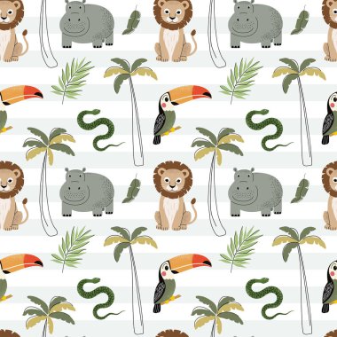 Şirin hayvanlar ve palmiye ağaçlarıyla kusursuz bir desen. Çocuksu orman geçmişi. Tropik duvar kağıdı.