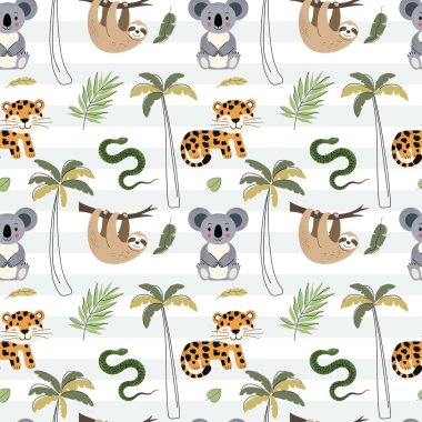 Güzel egzotik hayvanlar ve palmiye ağaçları ile kusursuz desen. Çocuksu orman geçmişi. Tropik duvar kağıdı.