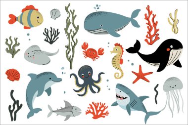 Deniz hayvanları ve algler. Su sakinleri. Balıklar, yengeç, ahtapot, köpekbalığı. Düz çizgi film sualtı deniz yaşamı