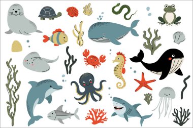 Deniz hayvanları ve algler. Su sakinleri. Balıklar, yengeç, ahtapot, fok. Düz çizgi film sualtı deniz yaşamı