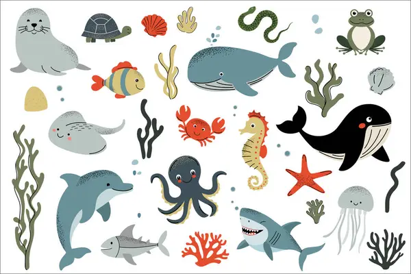 Deniz hayvanları ve algler. Su sakinleri. Balıklar, yengeç, ahtapot, fok. Düz çizgi film sualtı deniz yaşamı