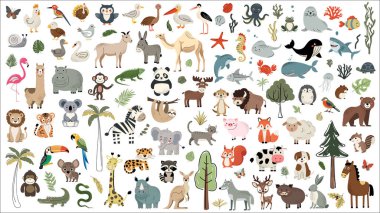 Büyük bir hayvan sürüsü. Çizgi film karakterleri, orman elementleri, tropik yapraklar. Su sakinleri, Afrikalı, evcil hayvanlar. Safari. Kuşlar