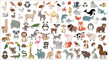 Cartoon animal characters. Big set of wild animals. Water inhabitants, african, domestic animals. Savanna. Birds clipart