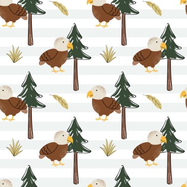 Şirin kartallı kusursuz desen. Vahşi kuşlar. Çocuksu bir geçmiş. Orman duvar kağıdı.