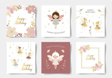 Güzel periler ve çiçeklerle dolu bir doğum günü kartı seti. Altın harfler. Nazik periler. Doğum günü şablonları