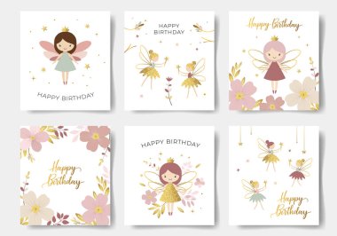 Güzel periler ve çiçeklerle dolu bir doğum günü kartı seti. Altın harfler. Nazik periler. Doğum günü şablonları