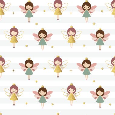 Şirin periler ve parıldayan altın yıldızlarla kusursuz bir desen. Nazik çocuksu arka plan