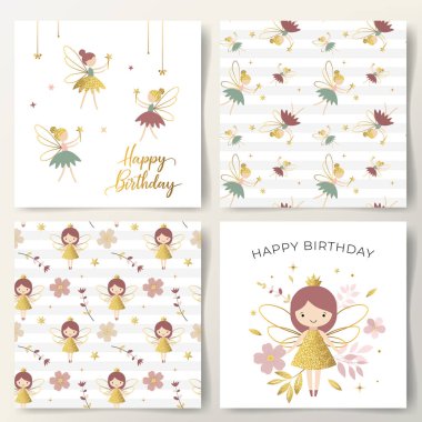 Mutlu doğum günü kartları ve sevimli perilerin, çiçeklerin ve altın yıldızların olduğu kusursuz desenler. Nazik çocuksu geçmişler.