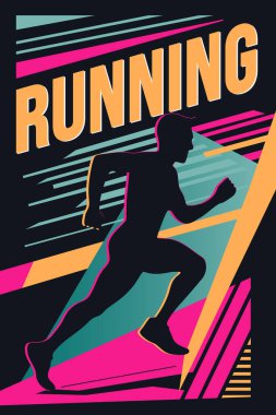 Retro style poster with text running and silhouette of a runner. Modern abstract sport background. Trendy geometric shapes.  clipart