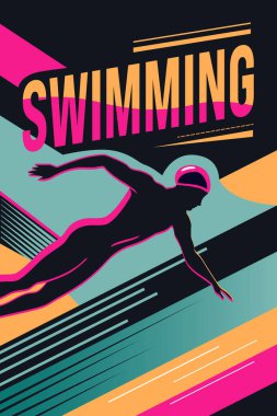 Yüzme yazıları ve yüzücü siluetiyle geçmişe dönük poster. Modern soyut spor geçmişi. Moda geometrik şekiller. 