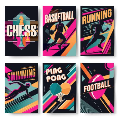 Modern soyut spor geçmişleri seti. Farklı spor dallarında geçmişe dönük posterler. Moda geometrik şekiller. 
