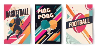 Futbol, basketbol ve masa tenisi ile geçmişe dönük posterler. Modern soyut arka planlar. Moda geometrik şekiller. 