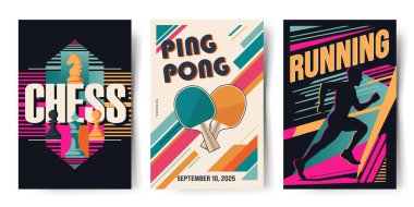 Koşan, satranç oynayan, masa tenisi oynayan eski tarz posterler. Modern soyut arka planlar. Moda geometrik şekiller.  