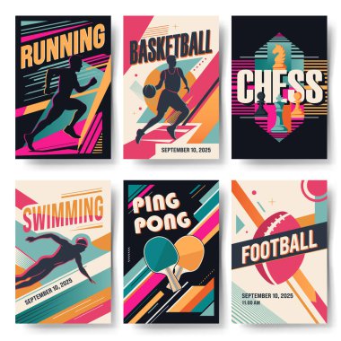 Farklı spor dallarında geçmişe dönük posterler. Moda geometrik şekiller. Modern soyut spor geçmişleri seti. 