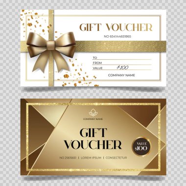 Altın parıltılı şık hediye çeki seti. Hediye çeki ve kupon için zarif bir şablon. Lüks hediye çeki. Promosyon ya da broşür