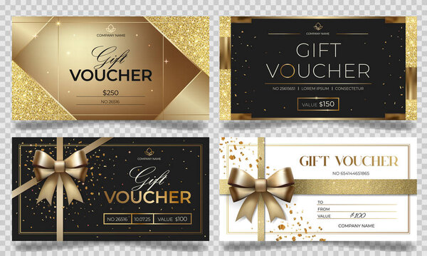 Luxury gift vouchers in black and gold color. Elegant template for gift card, coupon. Stylish gift voucher. 