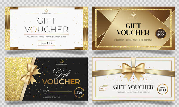 Luxury gift vouchers in black and gold color. Elegant template for gift card, coupon. Stylish gift voucher. 