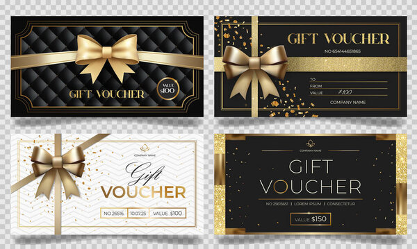 Luxury gift vouchers in black and gold color with bow. Elegant template for gift card, coupon. Stylish gift voucher. 