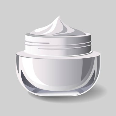 Kremalı parlak kavanozu aç. Gerçekçi kozmetik modeli. Losyon, krem, cilt bakımı. Boş kozmetik paketi.