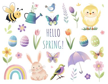 Suluboya stilinde tatlı bahar unsurları. Bahar tatili, Paskalya. Pastel renklerde çocuksu çıkartmalar koleksiyonu.