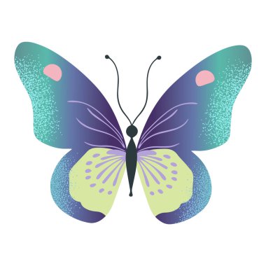 Mavi renkli sevimli kelebek. Suluboya stilinde bahar ve yaz öğeleri. El çizimi illüstrasyon. 