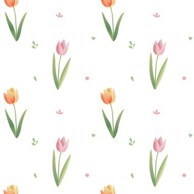 Lalelerle kusursuz desen. Pastel renklerde bahar arkaplanı. Romantik çiçek desenli el çizimi.