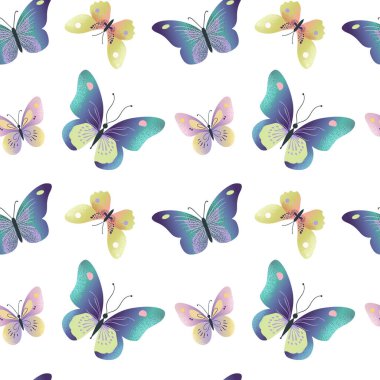 Parlak kelebeklerin arka planı. Şirin kelebekli kusursuz bir desen. Bahar ve yaz desenleri. 