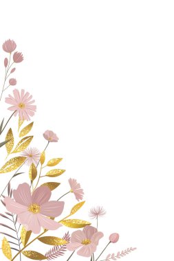 Altın yapraklı ve pembe çiçekli boş bir botanik çerçeve. Tebrik kartı için nazik çiçek şablonu, davet. 