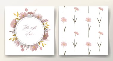 Tebrik kartı ve kusursuz desenli altın yapraklar ve nazik çayır çiçekleri. Botanik şablonu. Çiçek çerçevesi