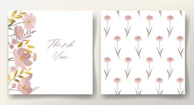 Çiçek çerçevesi. Tebrik kartı ve kusursuz desenli altın yapraklar ve nazik çayır çiçekleri. Botanik şablon. 