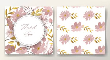 Botanik şablonu. Tebrik kartı ve kusursuz desenli altın yapraklar ve nazik çayır çiçekleri. Çiçek çerçevesi. 