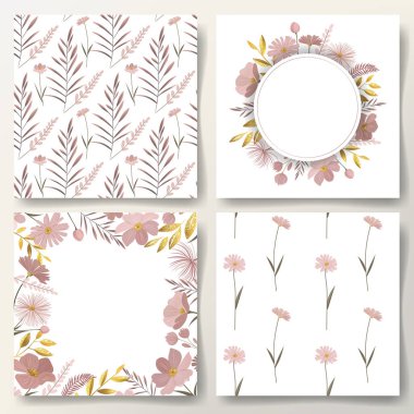 Çiçek çerçevesi. Botanik şablonlar. Tebrik kartı ve kusursuz desenli altın yapraklar ve nazik çayır çiçekleri..