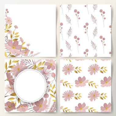 Boş kartlar, altın yapraklı, kusursuz desenler ve nazik çayır çiçekleri. Çiçek çerçevesi. Botanik şablonlar. 