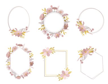 Bir demet çiçek çerçevesi, yumuşak çayır çiçekleri ve altın yapraklar. Düğün davetiyeleri ve tebrik kartları için narin botanik çelenk. 