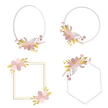 Düğün davetiyeleri ve tebrik kartları için narin botanik çelenkler. Çiçek desenleri ve narin çayır çiçekleri ve altın yapraklar.. 