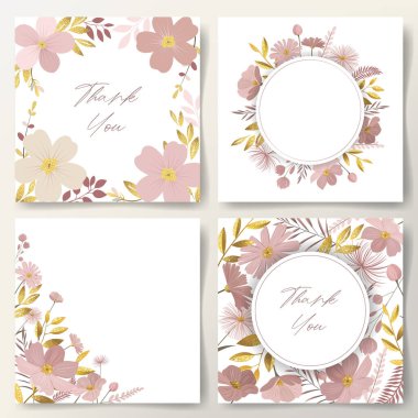 Bir demet çiçek çerçevesi. Altın yapraklı tebrik kartları ve nazik çayır çiçekleri. Botanik şablonlar. 