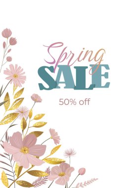Bahar indirimi afişi, arka plan. Promosyon indirimi teklifi. Yumuşak çiçekli çiçek deseni. Tebrik kartı için şablon, davet. 