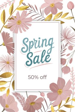 Bahar indirimi geçmişi, afiş. Promosyon indirimi teklifi. Yumuşak çiçekli çiçek deseni. Tebrik kartı için şablon, davet.